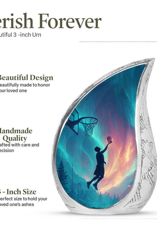 Navy Blue Basketball Cremation Urn angled view of lid and engraved motif - rounded teardrop basketball design with delicate detail - mini keepsake memorial for portion of cremation ashes