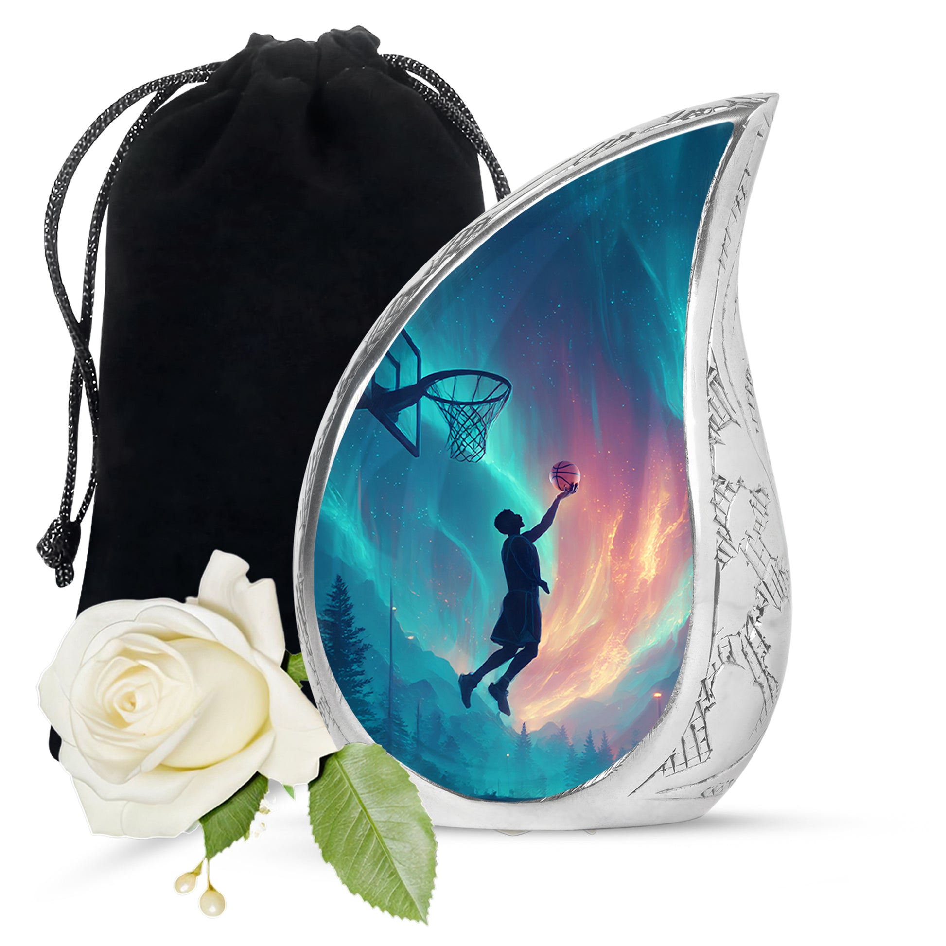 Celestial Blue Basketball Cremation Urn front view showing detailed design - flowing teardrop basketball silhouette on curved aluminum - full-size 10 inch 200 cubic inch adult cremation urn