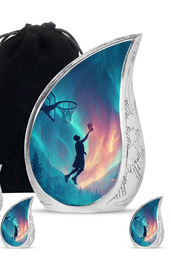 Pastel Blue Basketball Cremation Urn side profile showing urn shape - rounded teardrop basketball design with delicate detail - memorial set with one large and four small urns
