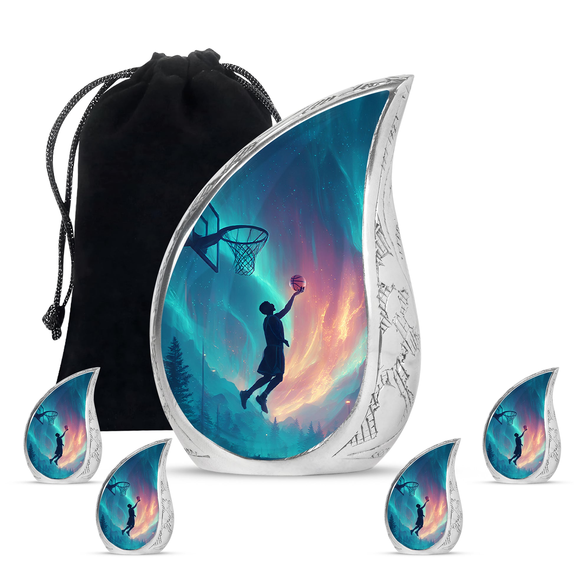 Pastel Blue Basketball Cremation Urn side profile showing urn shape - rounded teardrop basketball design with delicate detail - memorial set with one large and four small urns