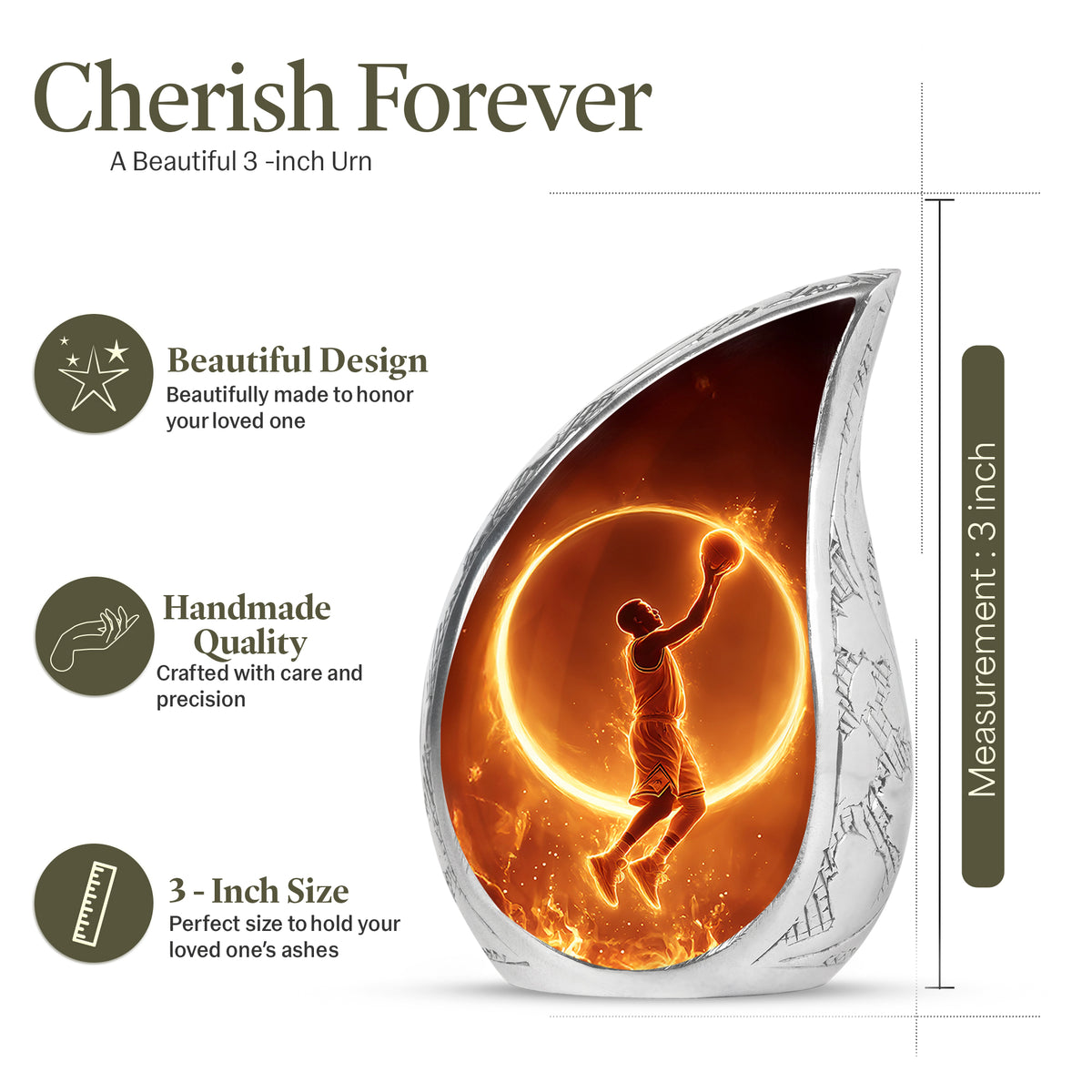 Midnight Black Basketball Cremation Urn angled view of lid and engraved motif - graceful tear-shaped urn with basketball motif - mini keepsake memorial for portion of cremation ashes