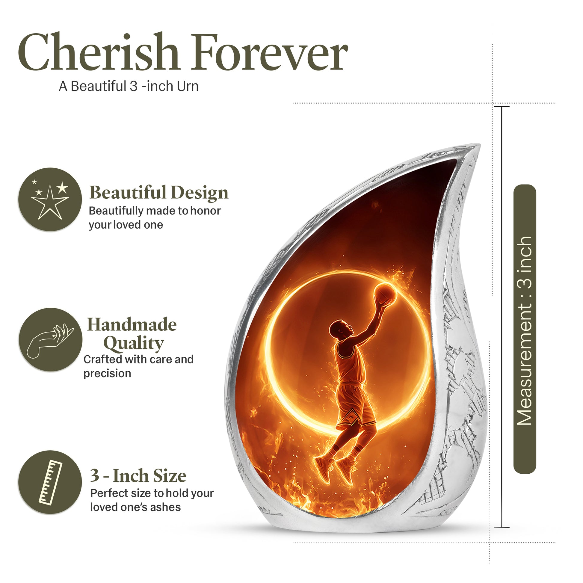 Midnight Black Basketball Cremation Urn angled view of lid and engraved motif - graceful tear-shaped urn with basketball motif - mini keepsake memorial for portion of cremation ashes
