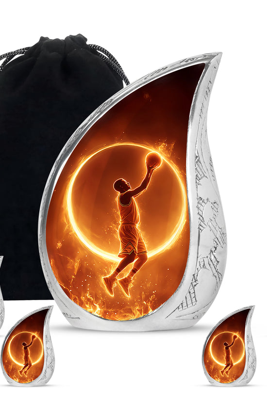 Dark Black Basketball Cremation Urn side profile showing urn shape - smooth teardrop contour featuring basketball art - memorial set with one large and four small urns