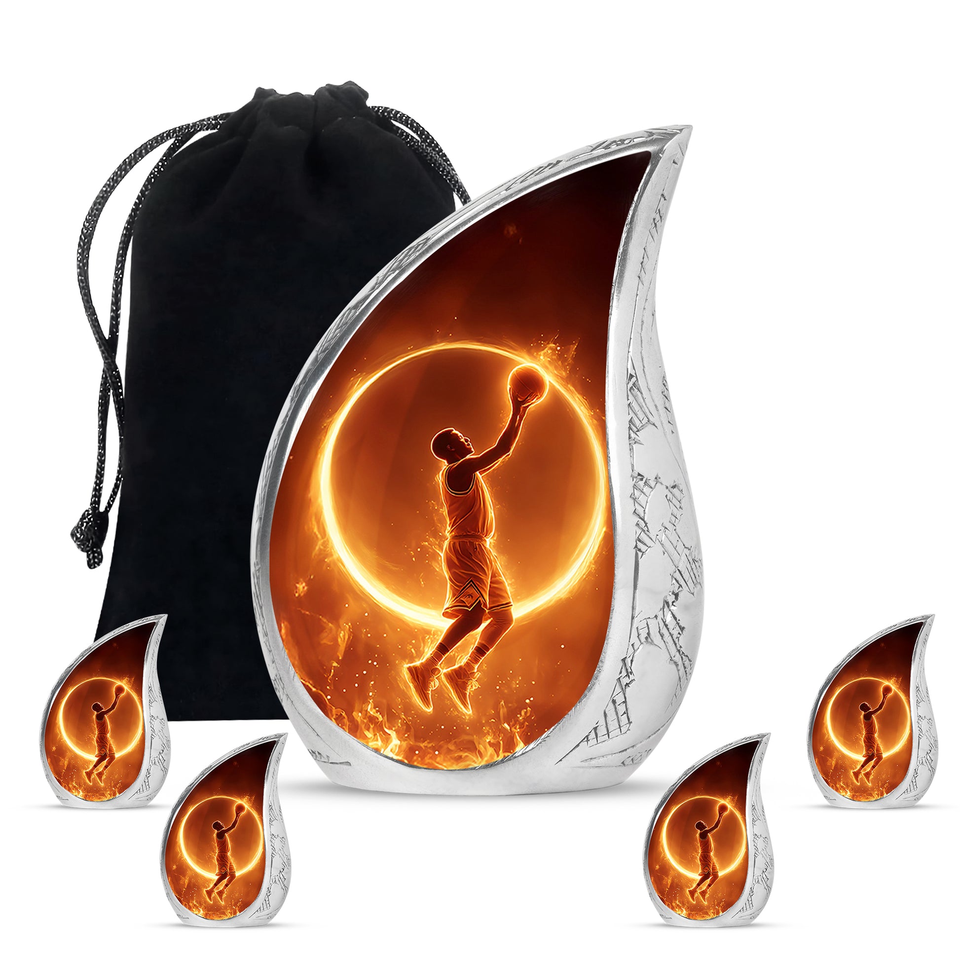 Dark Black Basketball Cremation Urn side profile showing urn shape - smooth teardrop contour featuring basketball art - memorial set with one large and four small urns