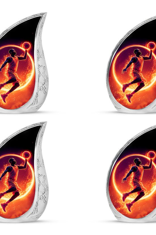 Ebony Basketball Cremation Urn close-up of engraving and surface detail - rounded teardrop basketball design with delicate detail - 10 inch aluminum urn for cremated remains