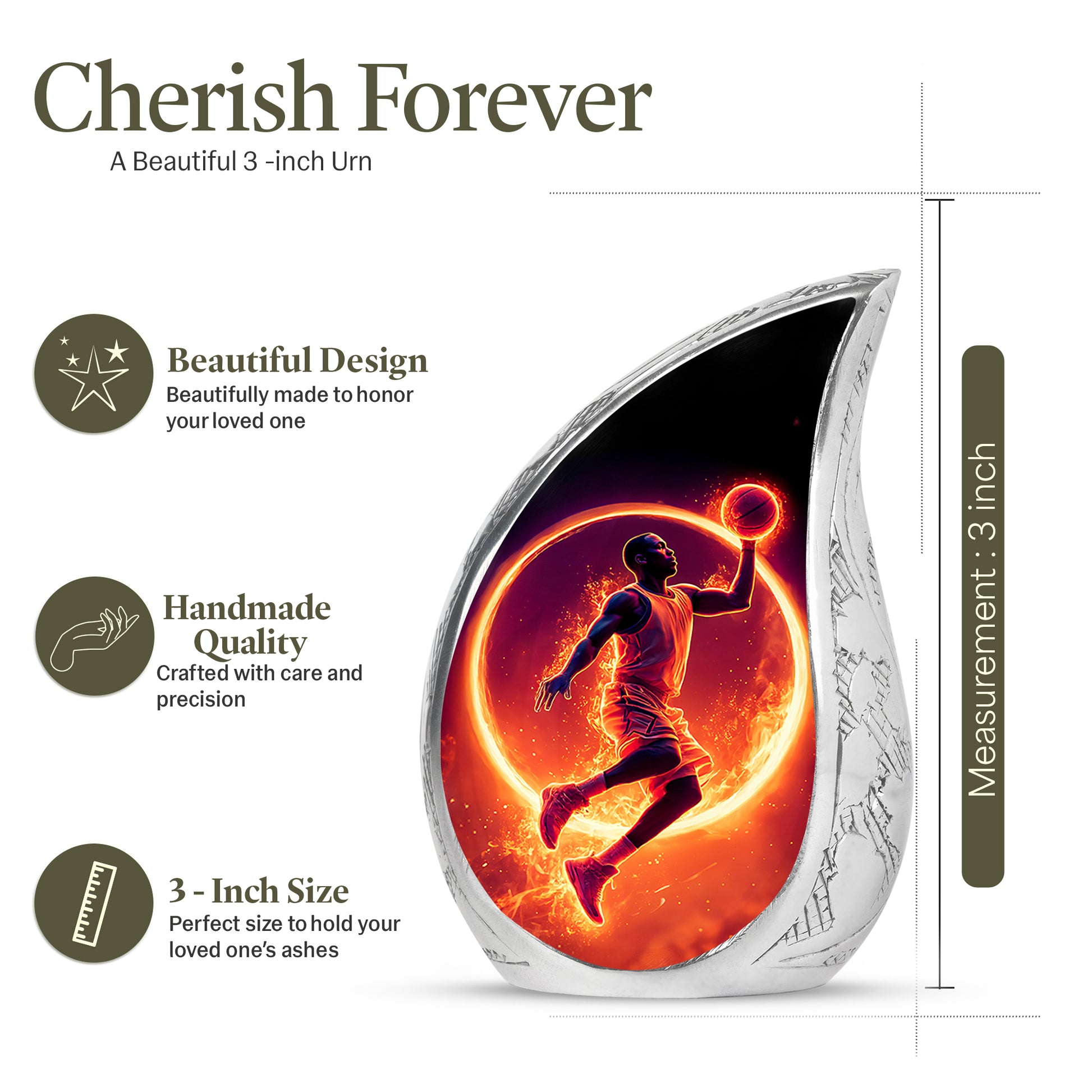 Glossy Black Basketball Cremation Urn angled view of lid and engraved motif - flowing teardrop basketball silhouette on curved aluminum - mini keepsake memorial for portion of cremation ashes
