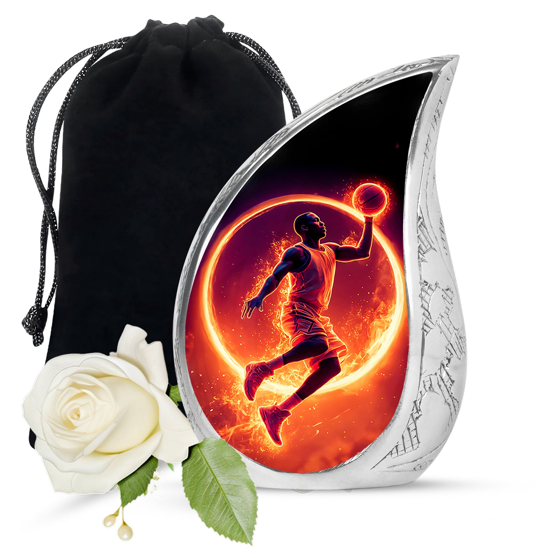 Rich Black Basketball Cremation Urn front view showing detailed design - flowing teardrop basketball silhouette on curved aluminum - full-size 10 inch 200 cubic inch adult cremation urn