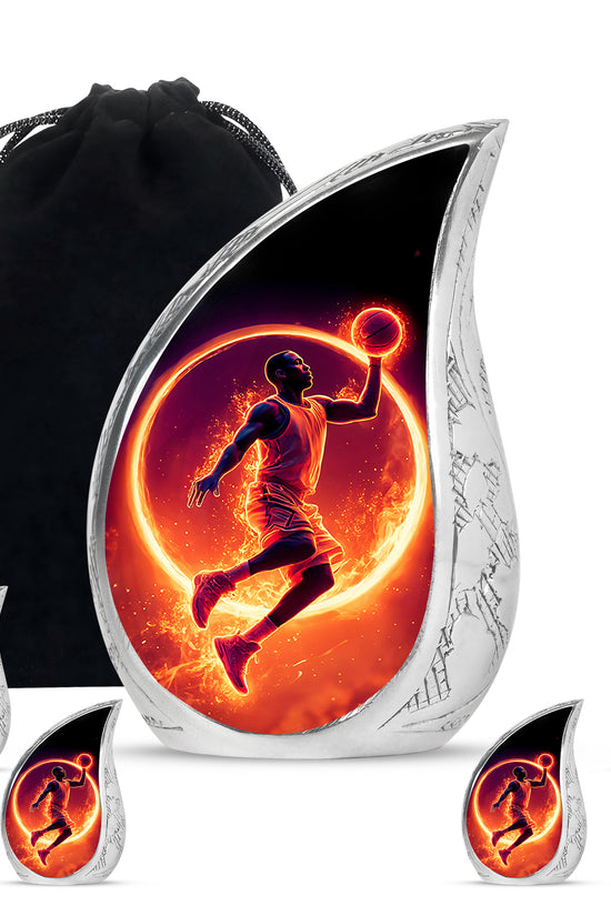 Midnight Black Basketball Cremation Urn side profile showing urn shape - graceful tear-shaped urn with basketball motif - memorial set with one large and four small urns