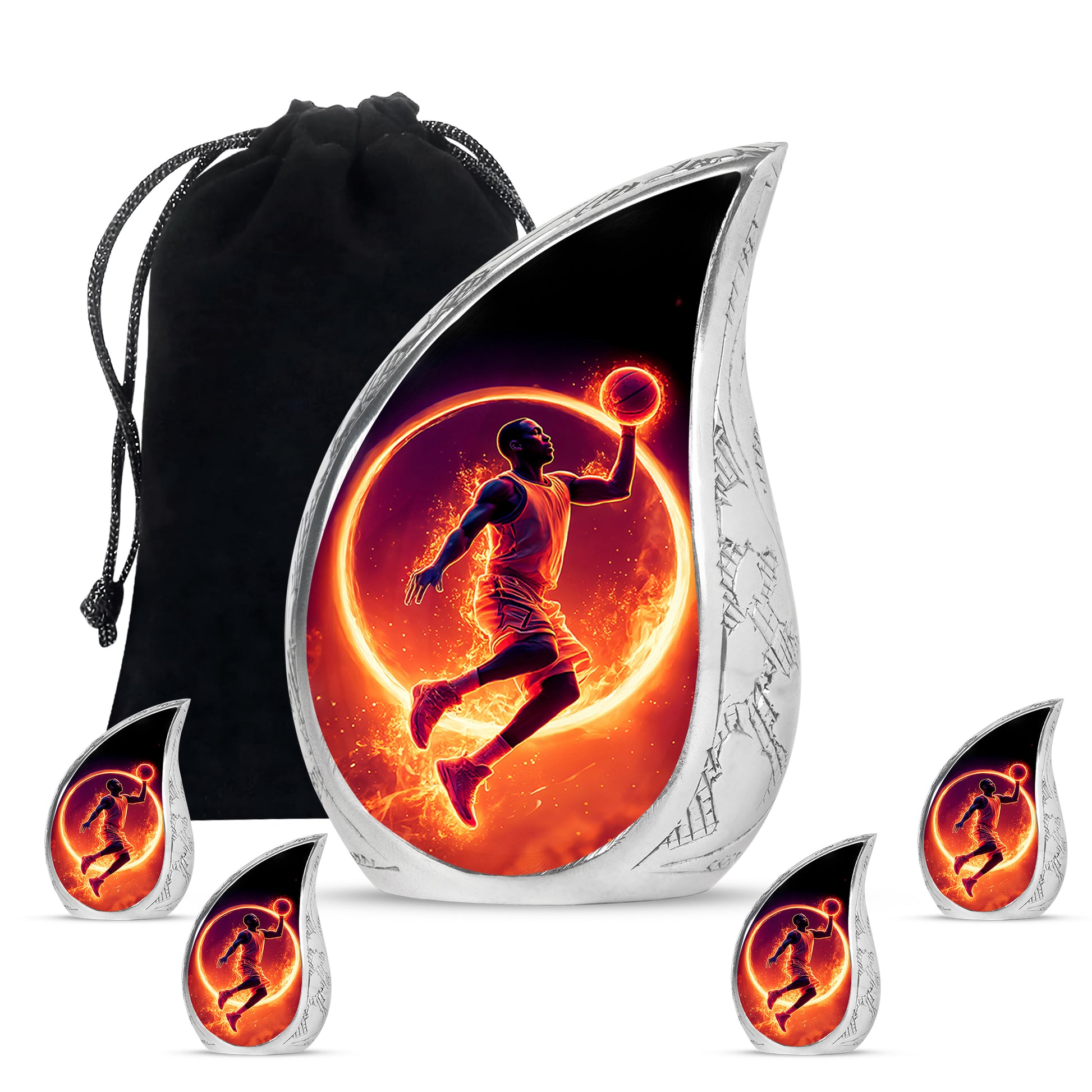 Midnight Black Basketball Cremation Urn side profile showing urn shape - graceful tear-shaped urn with basketball motif - memorial set with one large and four small urns