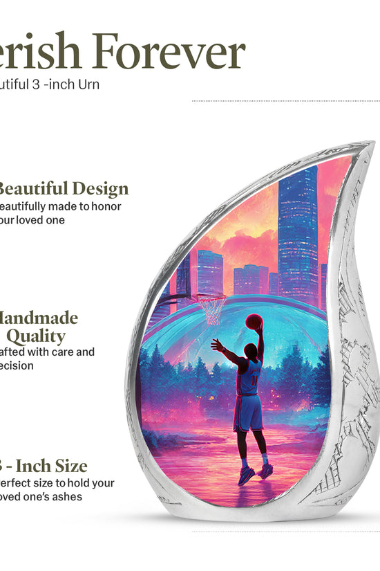 Fiery Red Basketball Cremation Urn angled view of lid and engraved motif - graceful tear-shaped urn with basketball motif - mini keepsake memorial for portion of cremation ashes