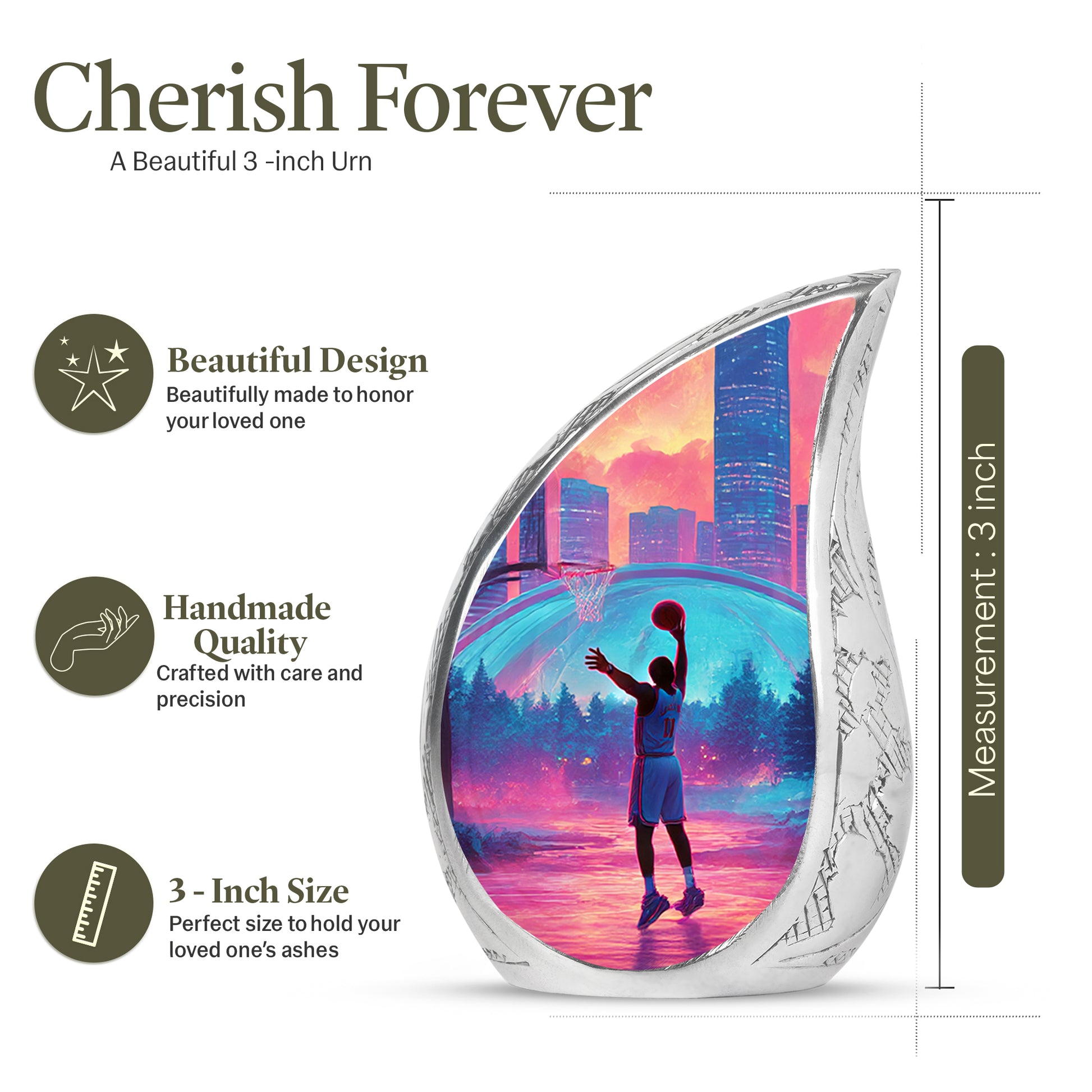 Fiery Red Basketball Cremation Urn angled view of lid and engraved motif - graceful tear-shaped urn with basketball motif - mini keepsake memorial for portion of cremation ashes