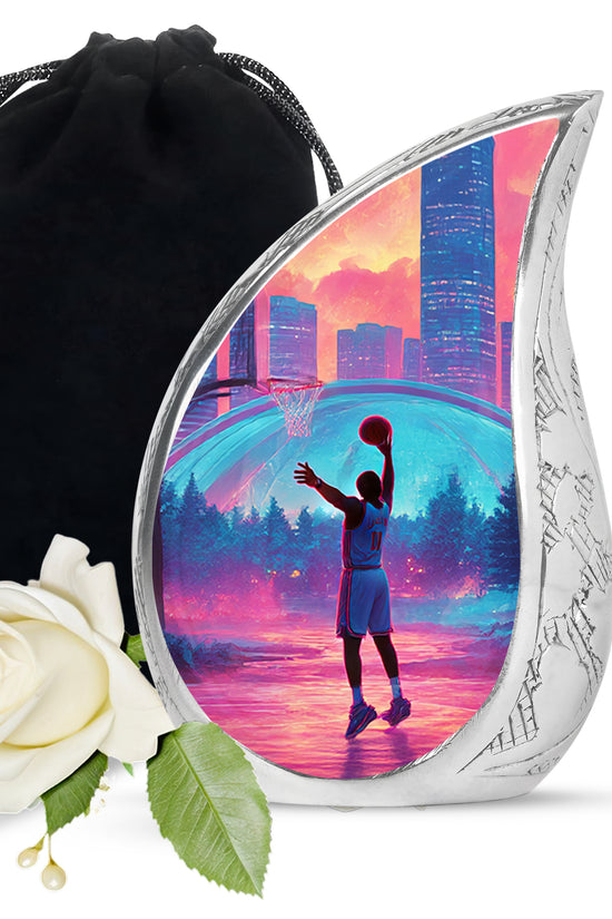 Scarlet Red Basketball Cremation Urn front view showing detailed design - smooth teardrop contour featuring basketball art - full-size 10 inch 200 cubic inch adult cremation urn
