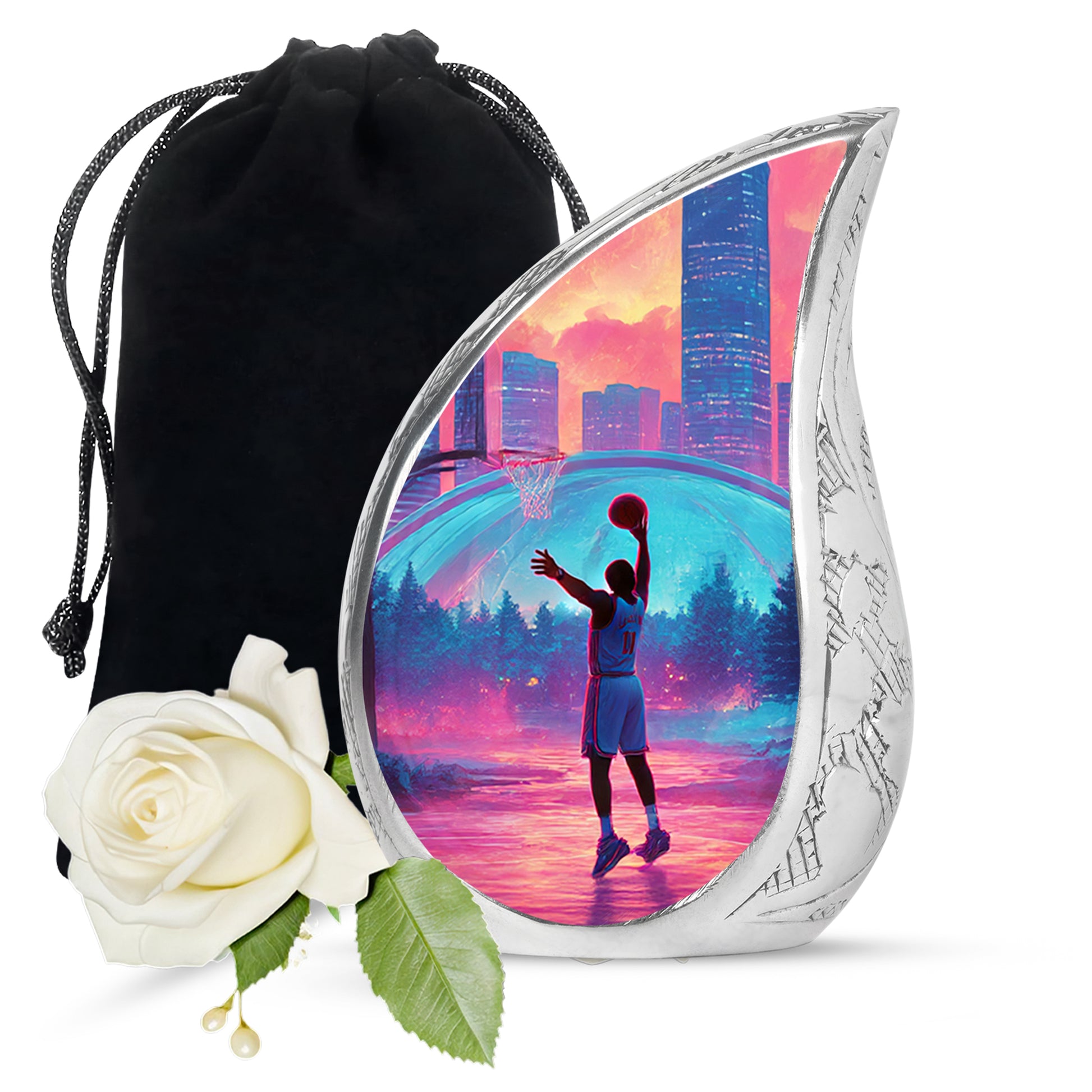 Scarlet Red Basketball Cremation Urn front view showing detailed design - smooth teardrop contour featuring basketball art - full-size 10 inch 200 cubic inch adult cremation urn