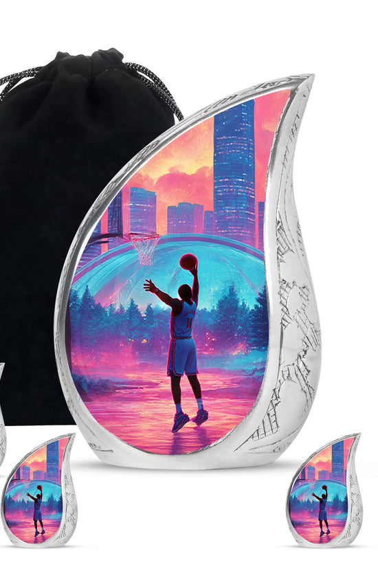 Rich Red Basketball Cremation Urn side profile showing urn shape - smooth teardrop contour featuring basketball art - memorial set with one large and four small urns