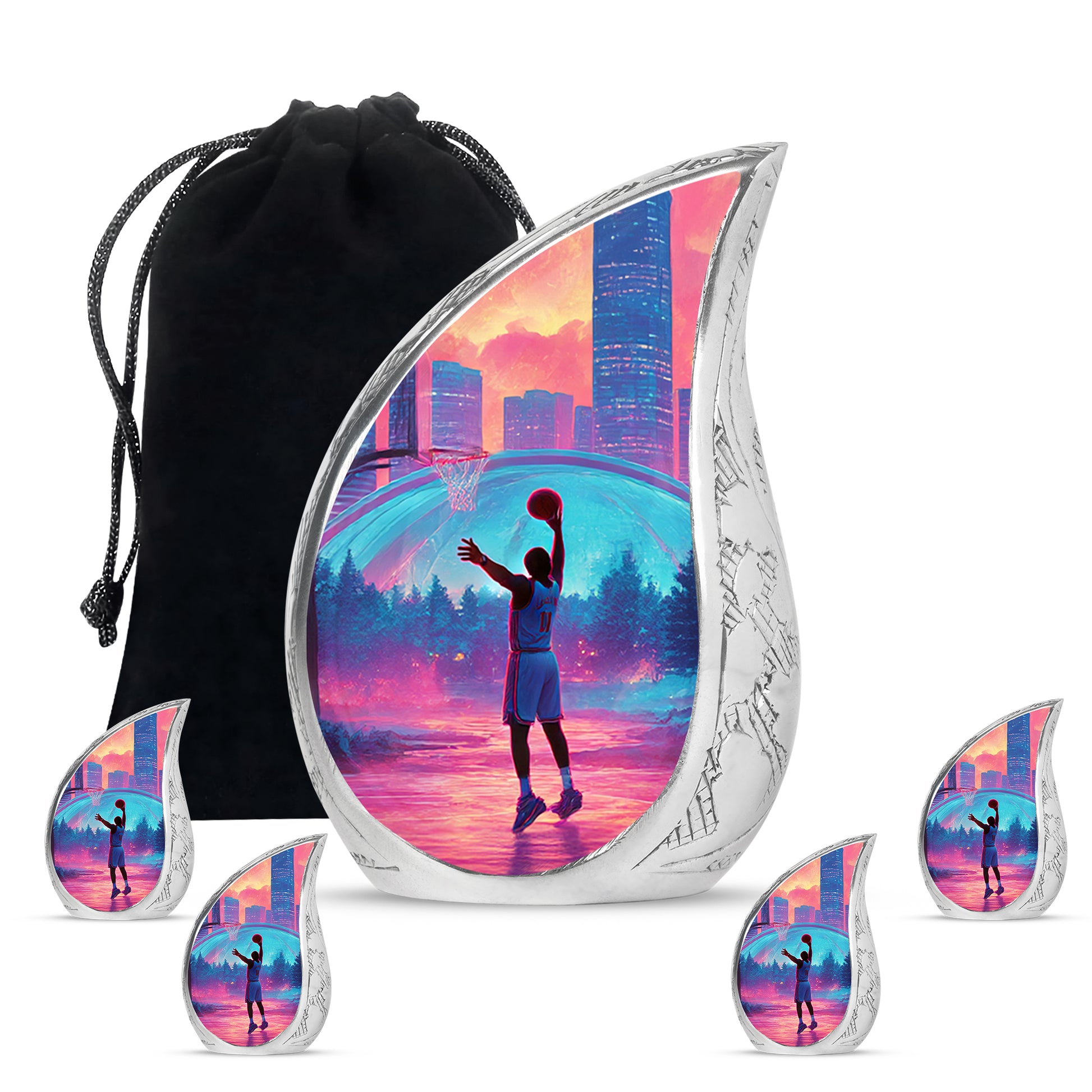 Rich Red Basketball Cremation Urn side profile showing urn shape - smooth teardrop contour featuring basketball art - memorial set with one large and four small urns