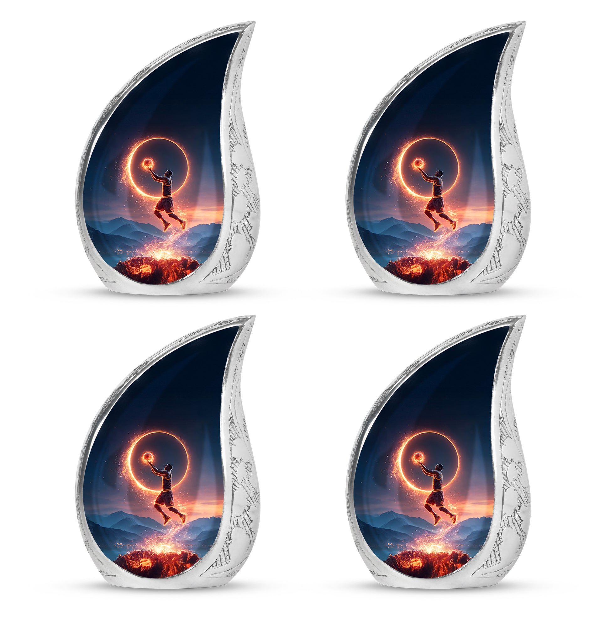 Dusty Blue Basketball Cremation Urn close-up of engraving and surface detail - rounded teardrop basketball design with delicate detail - 10 inch aluminum urn for cremated remains