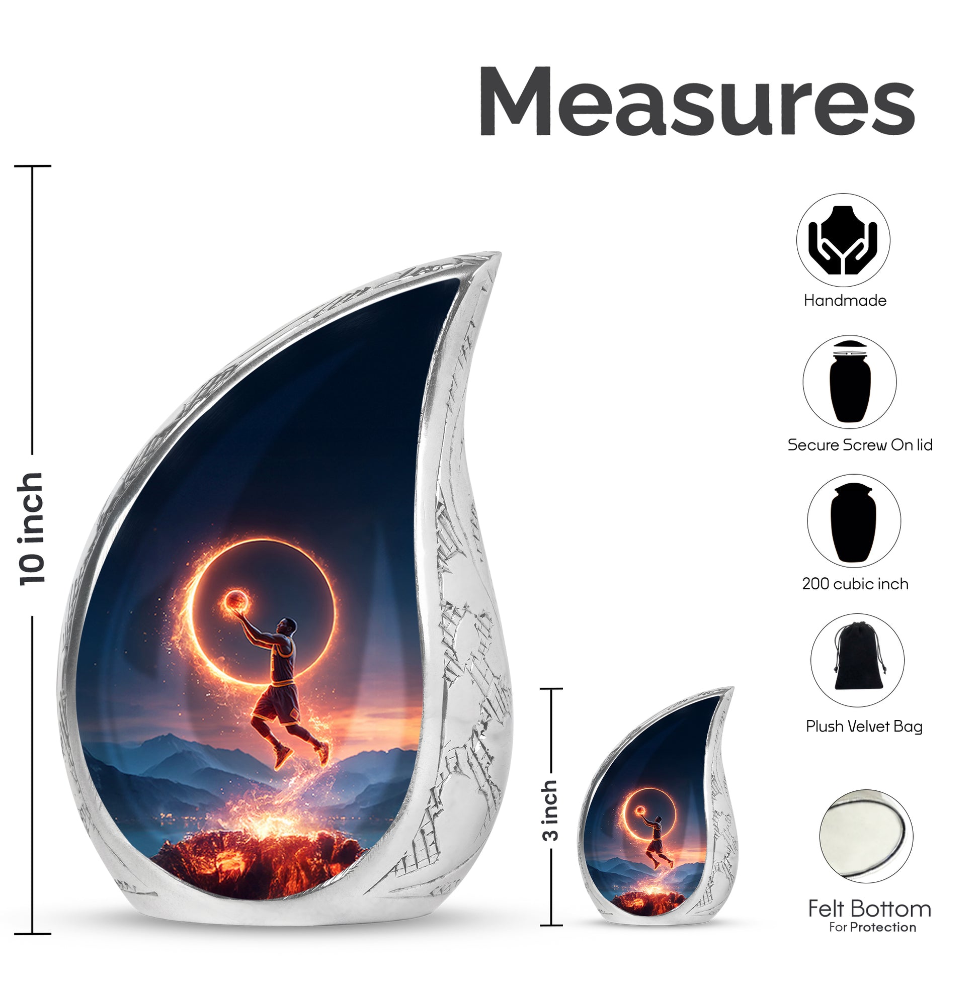 Azure Basketball Cremation Urn angled view of lid and engraved motif - rounded teardrop basketball design with delicate detail - mini keepsake memorial for portion of cremation ashes
