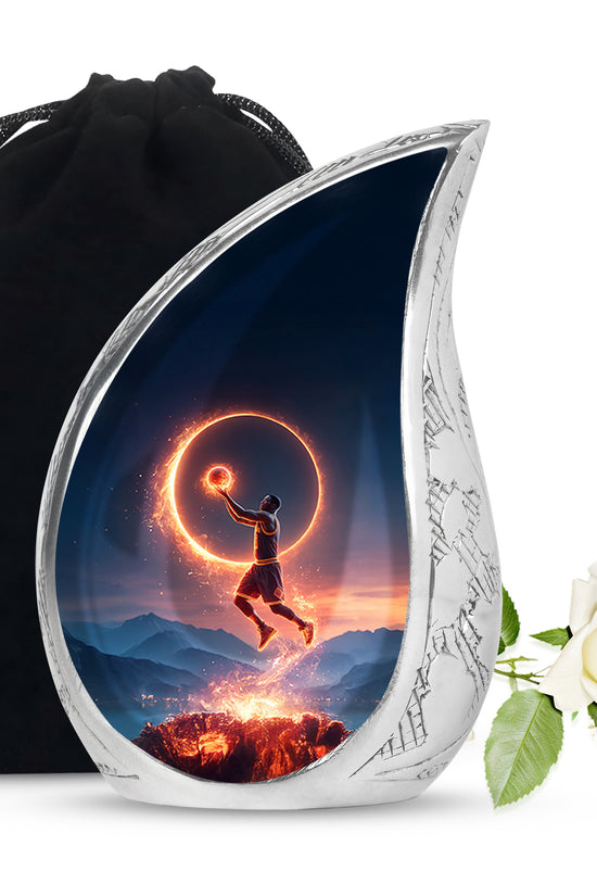 Sky Blue Basketball Cremation Urn front view showing detailed design - rounded teardrop basketball design with delicate detail - full-size 10 inch 200 cubic inch adult cremation urn