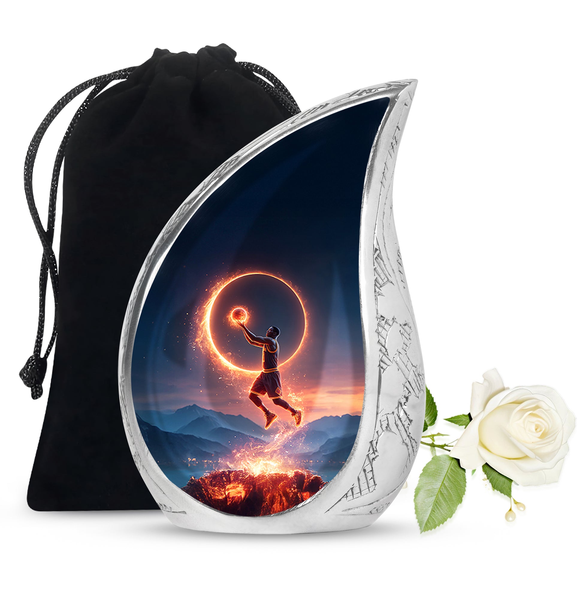 Sky Blue Basketball Cremation Urn front view showing detailed design - rounded teardrop basketball design with delicate detail - full-size 10 inch 200 cubic inch adult cremation urn