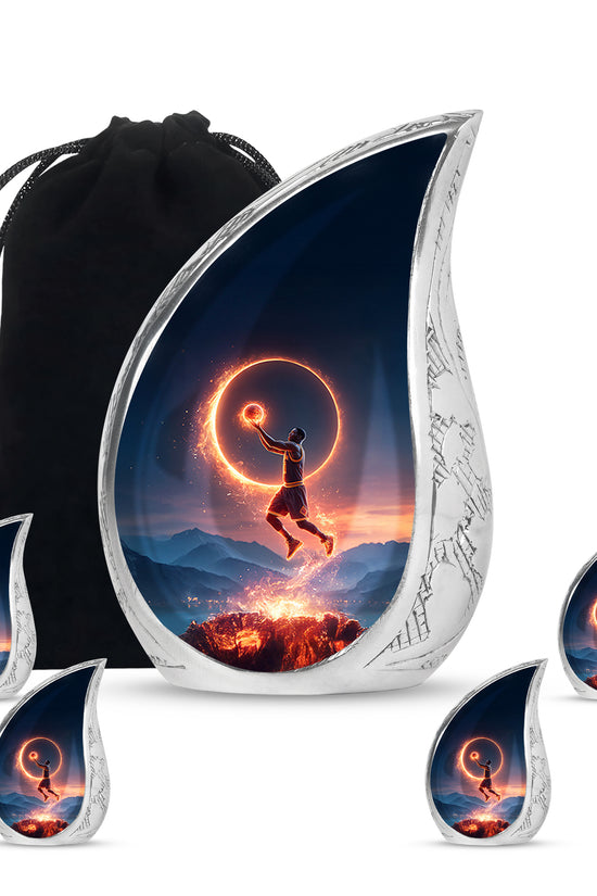 Soft Blue Basketball Cremation Urn side profile showing urn shape - smooth teardrop contour featuring basketball art - memorial set with one large and four small urns