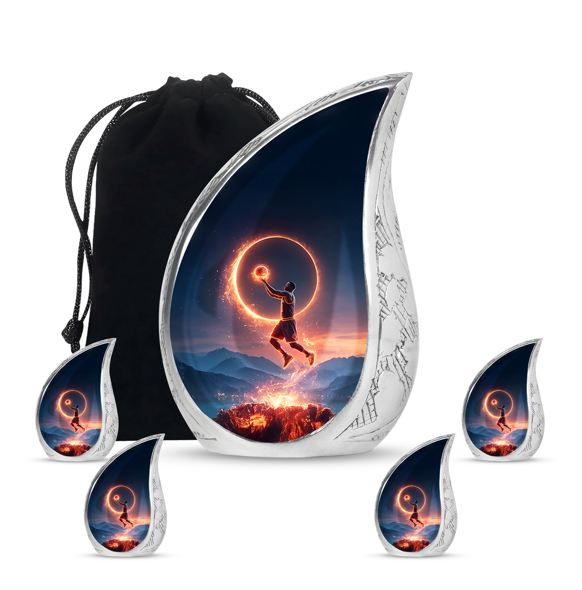 Soft Blue Basketball Cremation Urn side profile showing urn shape - smooth teardrop contour featuring basketball art - memorial set with one large and four small urns