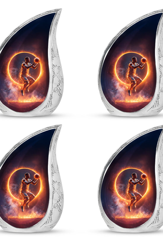 Deep Black Basketball Cremation Urn close-up of engraving and surface detail - rounded teardrop basketball design with delicate detail - 10 inch aluminum urn for cremated remains