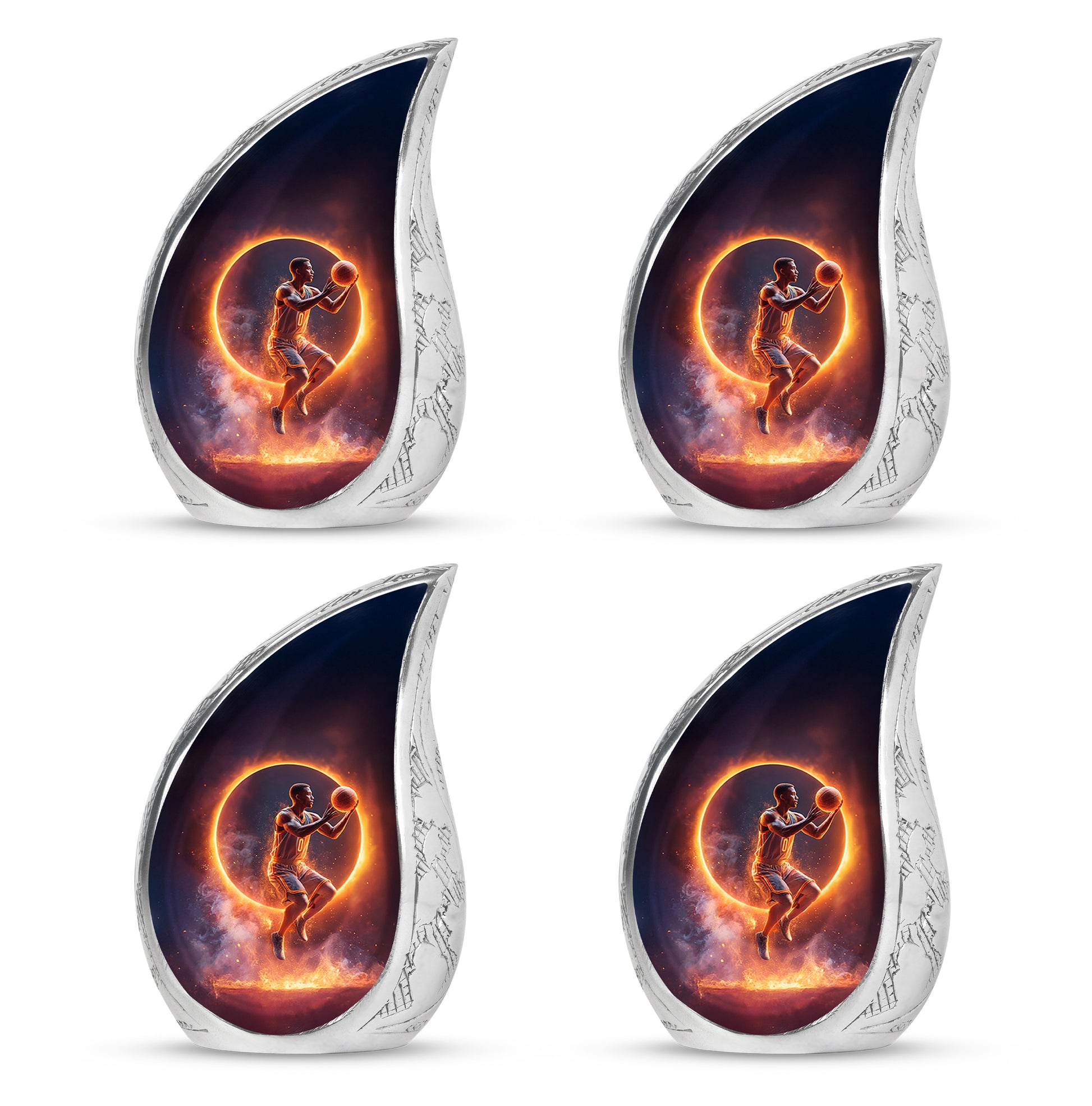 Deep Black Basketball Cremation Urn close-up of engraving and surface detail - rounded teardrop basketball design with delicate detail - 10 inch aluminum urn for cremated remains
