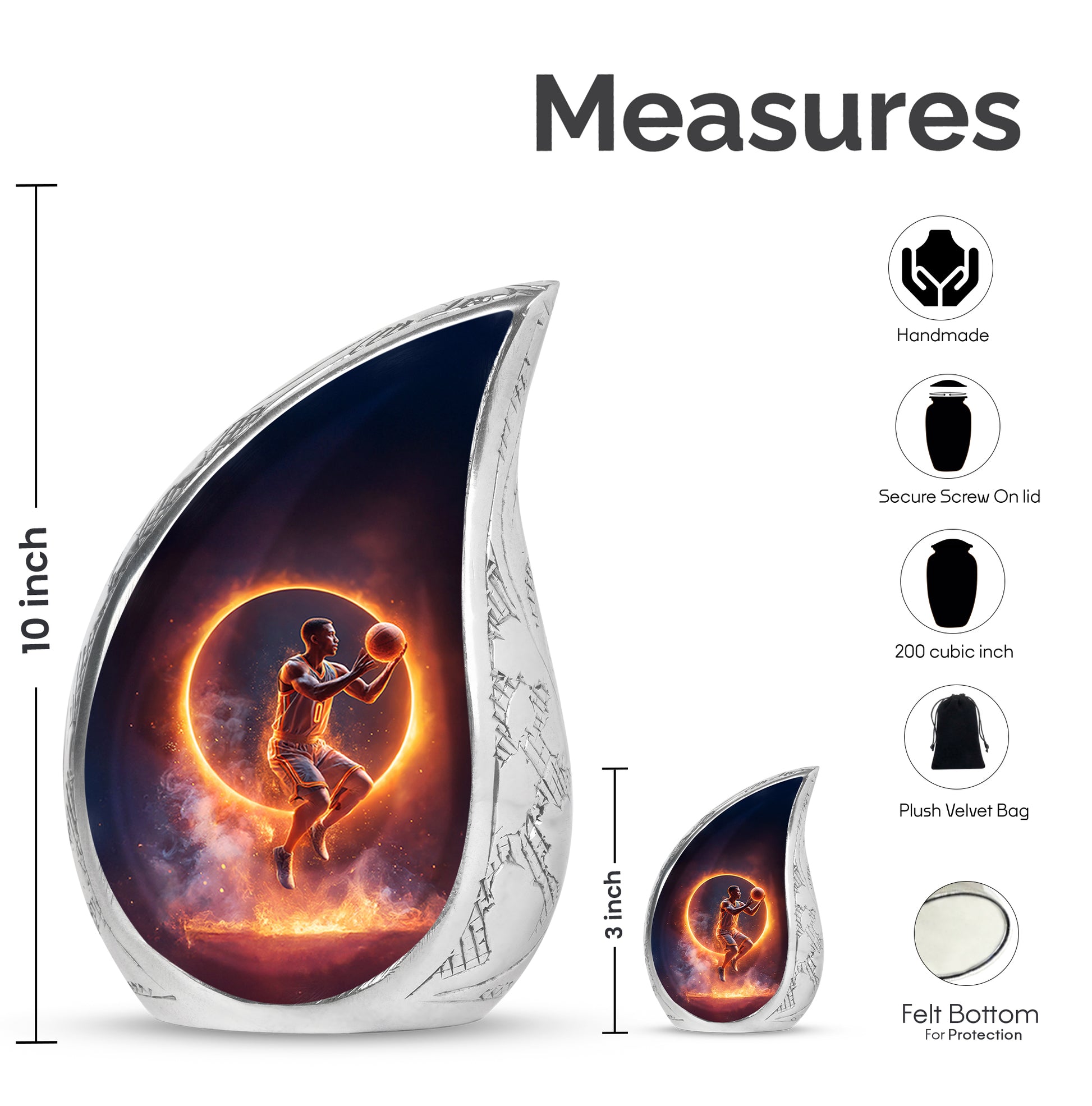 Charcoal Black Basketball Cremation Urn angled view of lid and engraved motif - smooth teardrop contour featuring basketball art - mini keepsake memorial for portion of cremation ashes