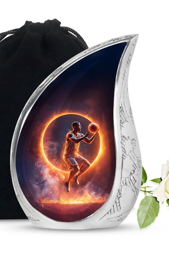 Deep Black Basketball Cremation Urn front view showing detailed design - rounded teardrop basketball design with delicate detail - full-size 10 inch 200 cubic inch adult cremation urn