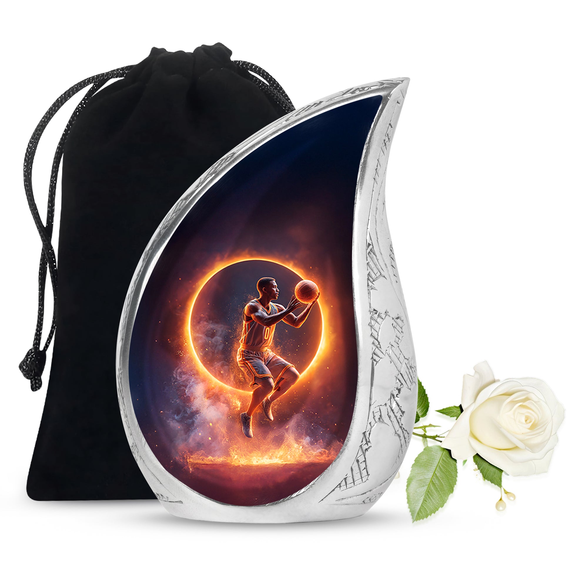 Deep Black Basketball Cremation Urn front view showing detailed design - rounded teardrop basketball design with delicate detail - full-size 10 inch 200 cubic inch adult cremation urn