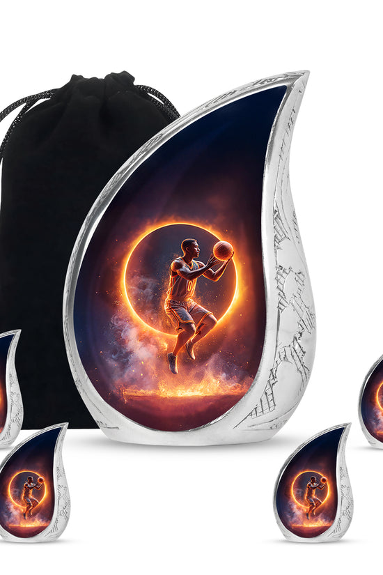 Onyx Black Basketball Cremation Urn side profile showing urn shape - smooth teardrop contour featuring basketball art - memorial set with one large and four small urns