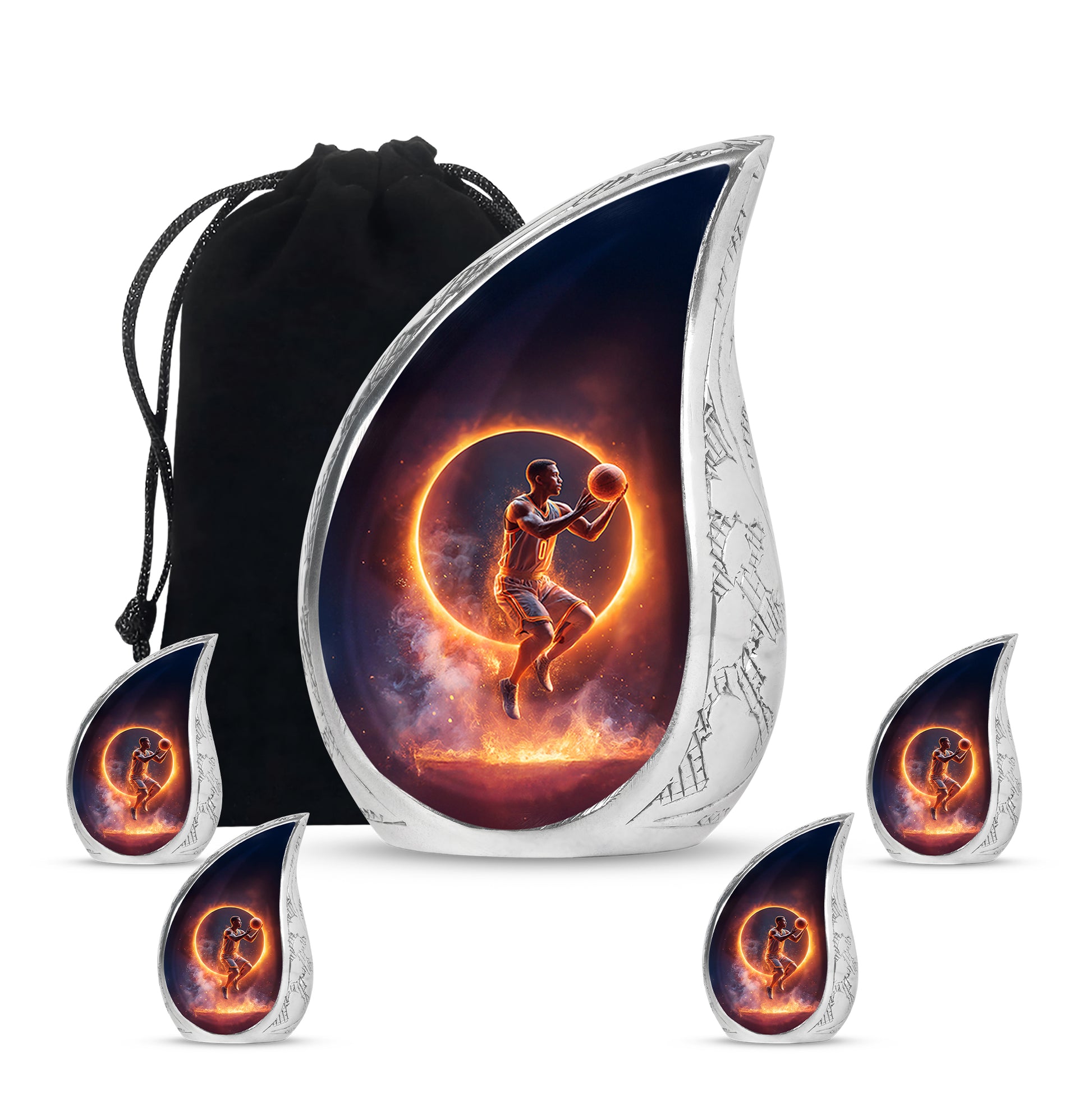 Onyx Black Basketball Cremation Urn side profile showing urn shape - smooth teardrop contour featuring basketball art - memorial set with one large and four small urns