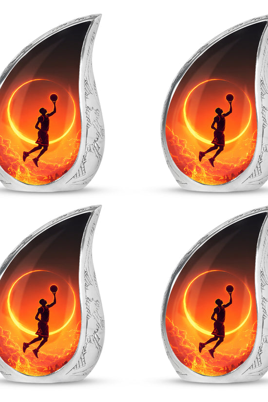 Obsidian Black Basketball Cremation Urn close-up of engraving and surface detail - smooth teardrop contour featuring basketball art - 10 inch aluminum urn for cremated remains