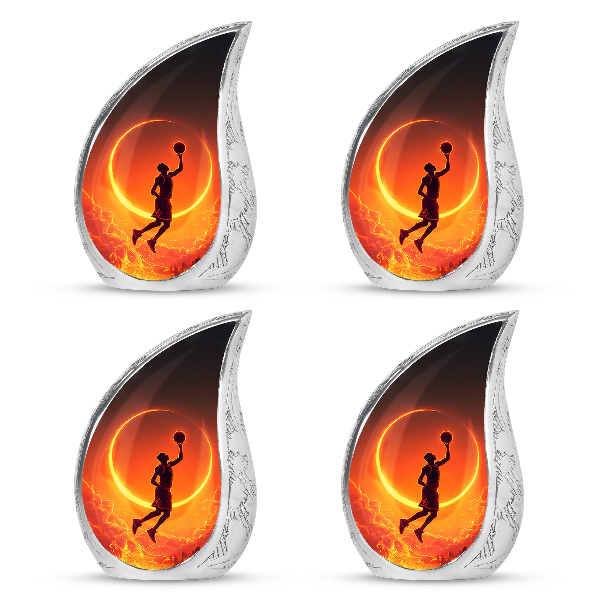 Obsidian Black Basketball Cremation Urn close-up of engraving and surface detail - smooth teardrop contour featuring basketball art - 10 inch aluminum urn for cremated remains