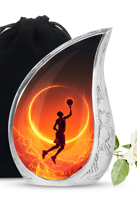 Ebony Basketball Cremation Urn front view showing detailed design - rounded teardrop basketball design with delicate detail - full-size 10 inch 200 cubic inch adult cremation urn