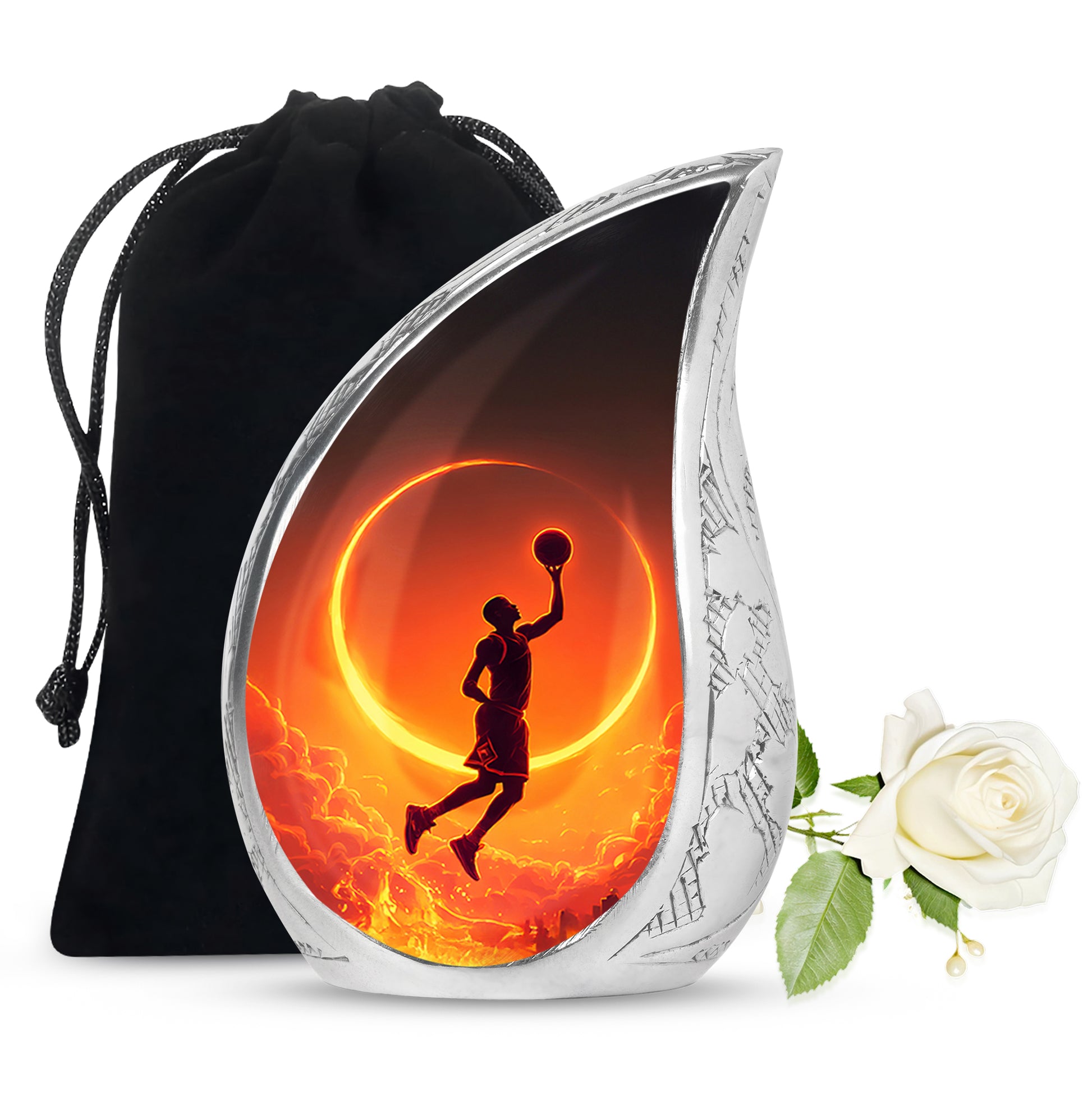 Ebony Basketball Cremation Urn front view showing detailed design - rounded teardrop basketball design with delicate detail - full-size 10 inch 200 cubic inch adult cremation urn