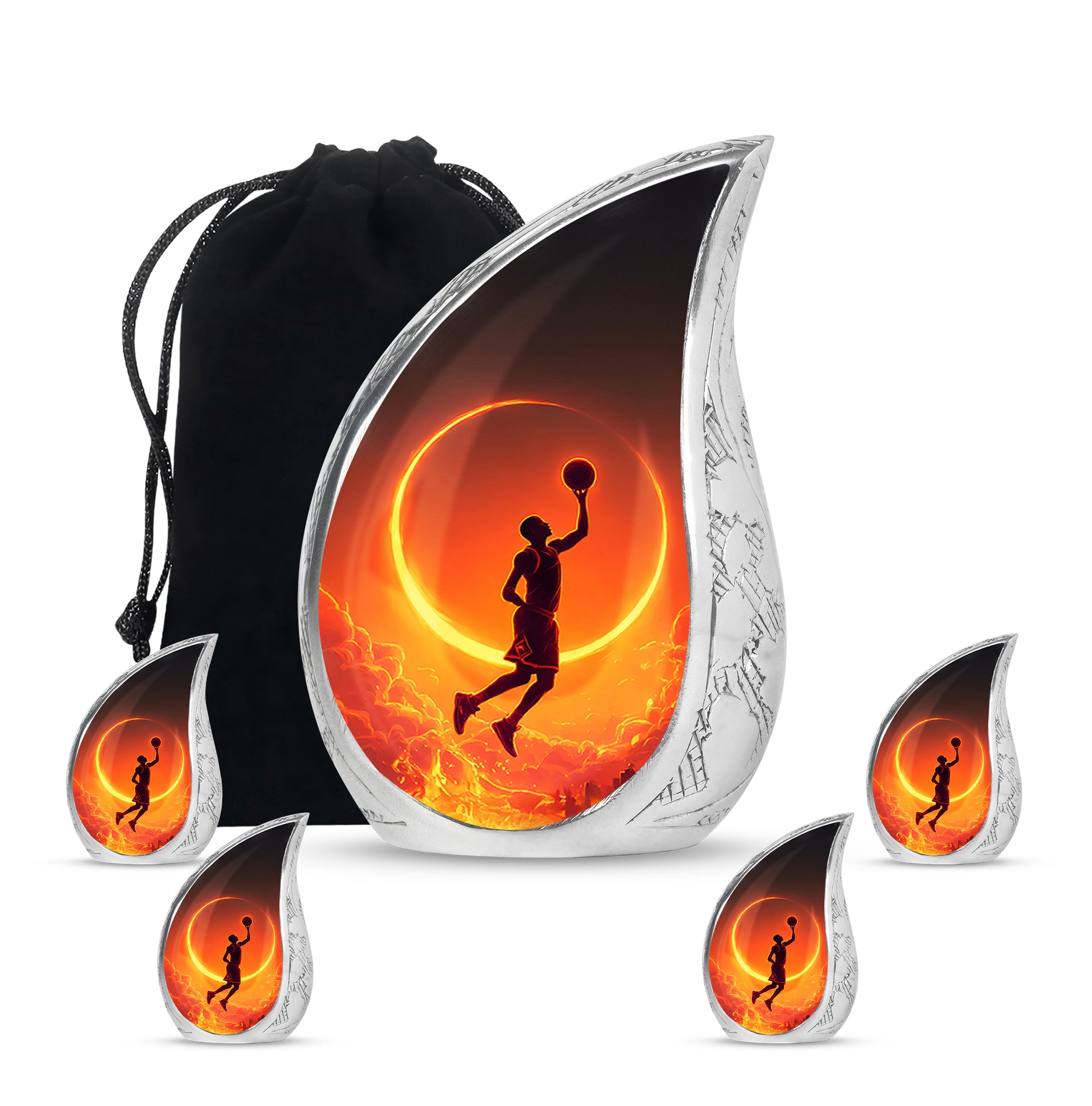Obsidian Black Basketball Cremation Urn side profile showing urn shape - smooth teardrop contour featuring basketball art - memorial set with one large and four small urns