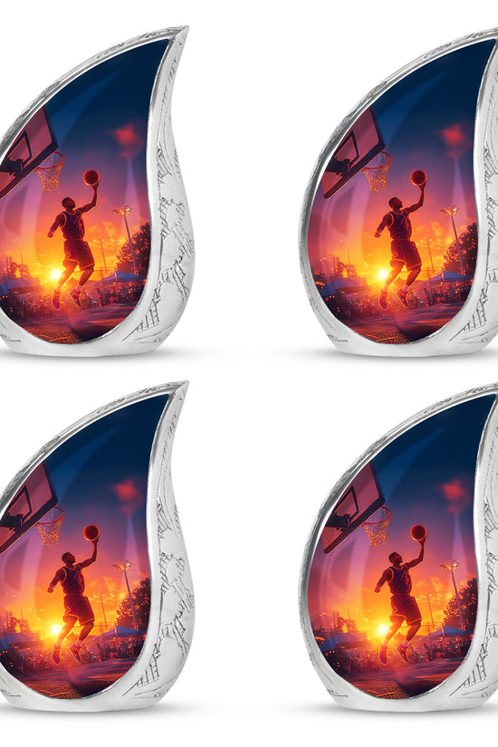 Bright Blue Basketball Cremation Urn close-up of engraving and surface detail - smooth teardrop contour featuring basketball art - 10 inch aluminum urn for cremated remains