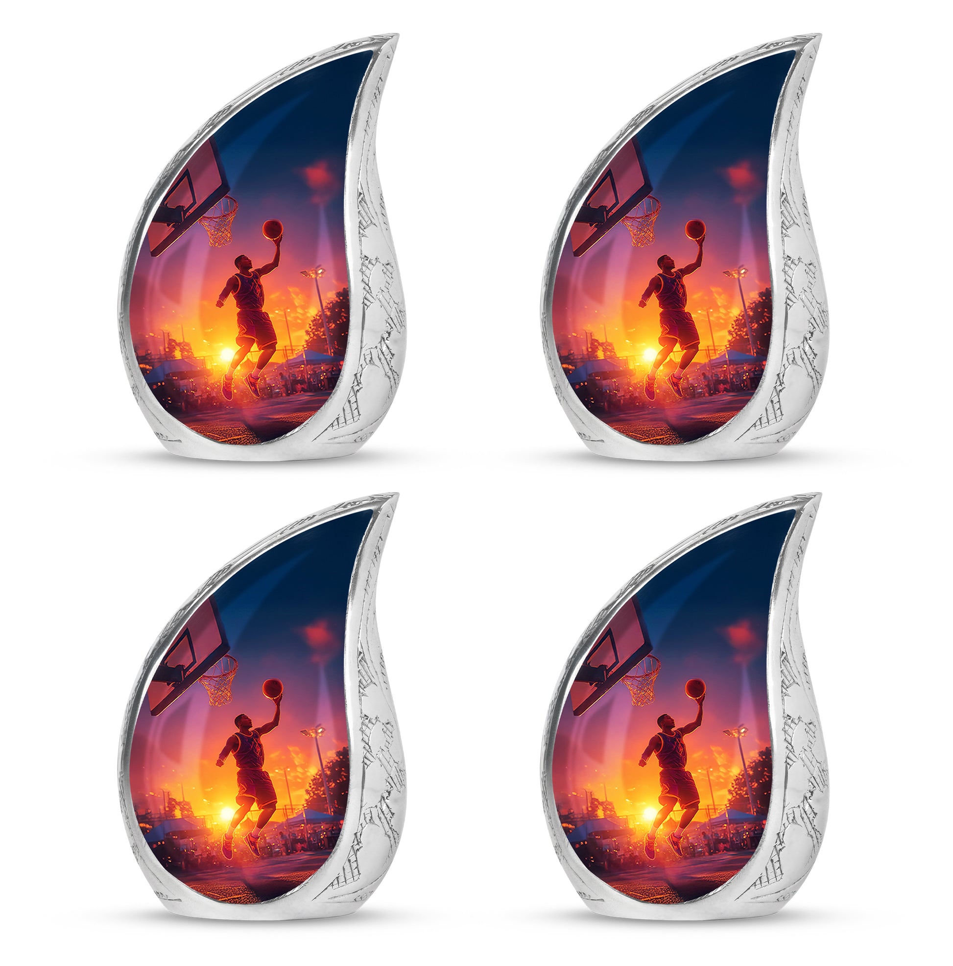 Bright Blue Basketball Cremation Urn close-up of engraving and surface detail - smooth teardrop contour featuring basketball art - 10 inch aluminum urn for cremated remains
