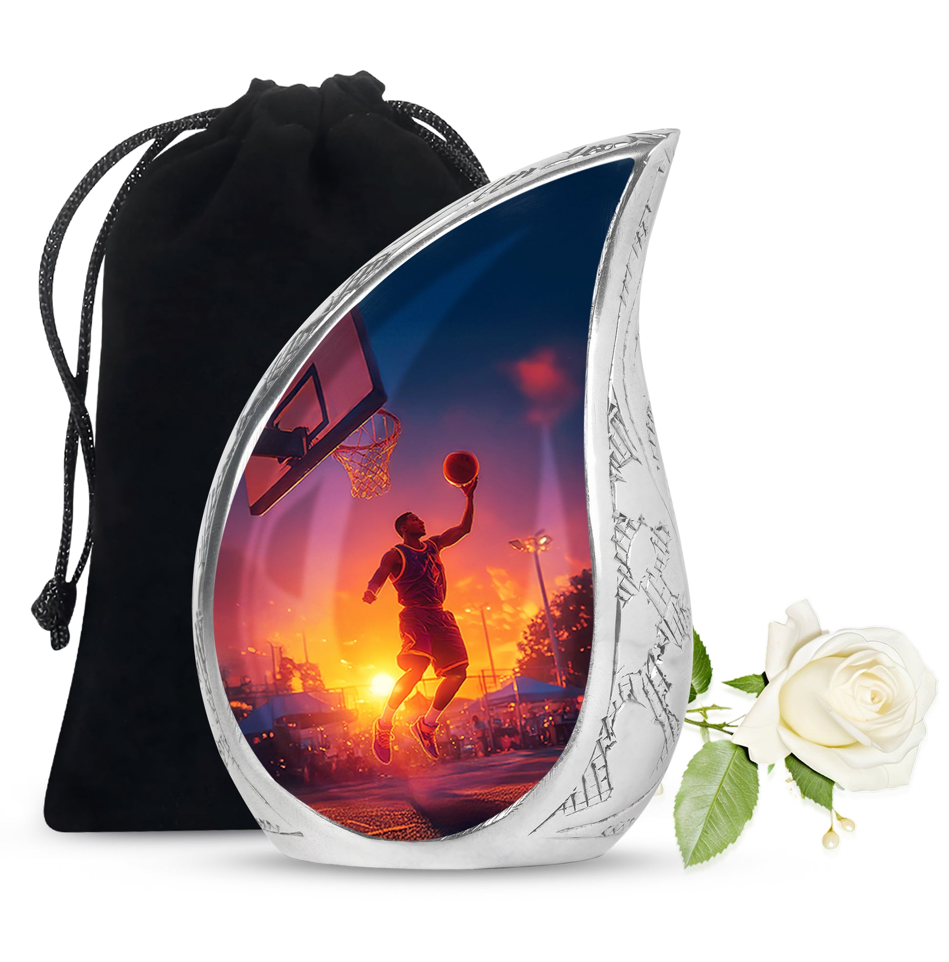 Slate Blue Basketball Cremation Urn front view showing detailed design - flowing teardrop basketball silhouette on curved aluminum - full-size 10 inch 200 cubic inch adult cremation urn
