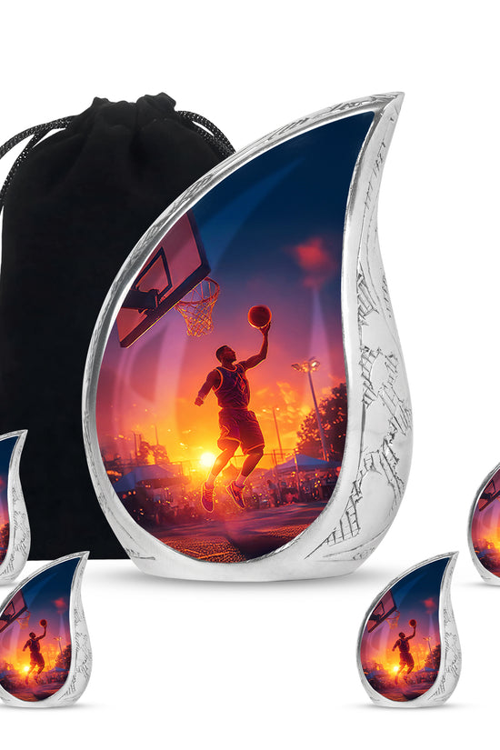 Bright Blue Basketball Cremation Urn side profile showing urn shape - graceful tear-shaped urn with basketball motif - memorial set with one large and four small urns