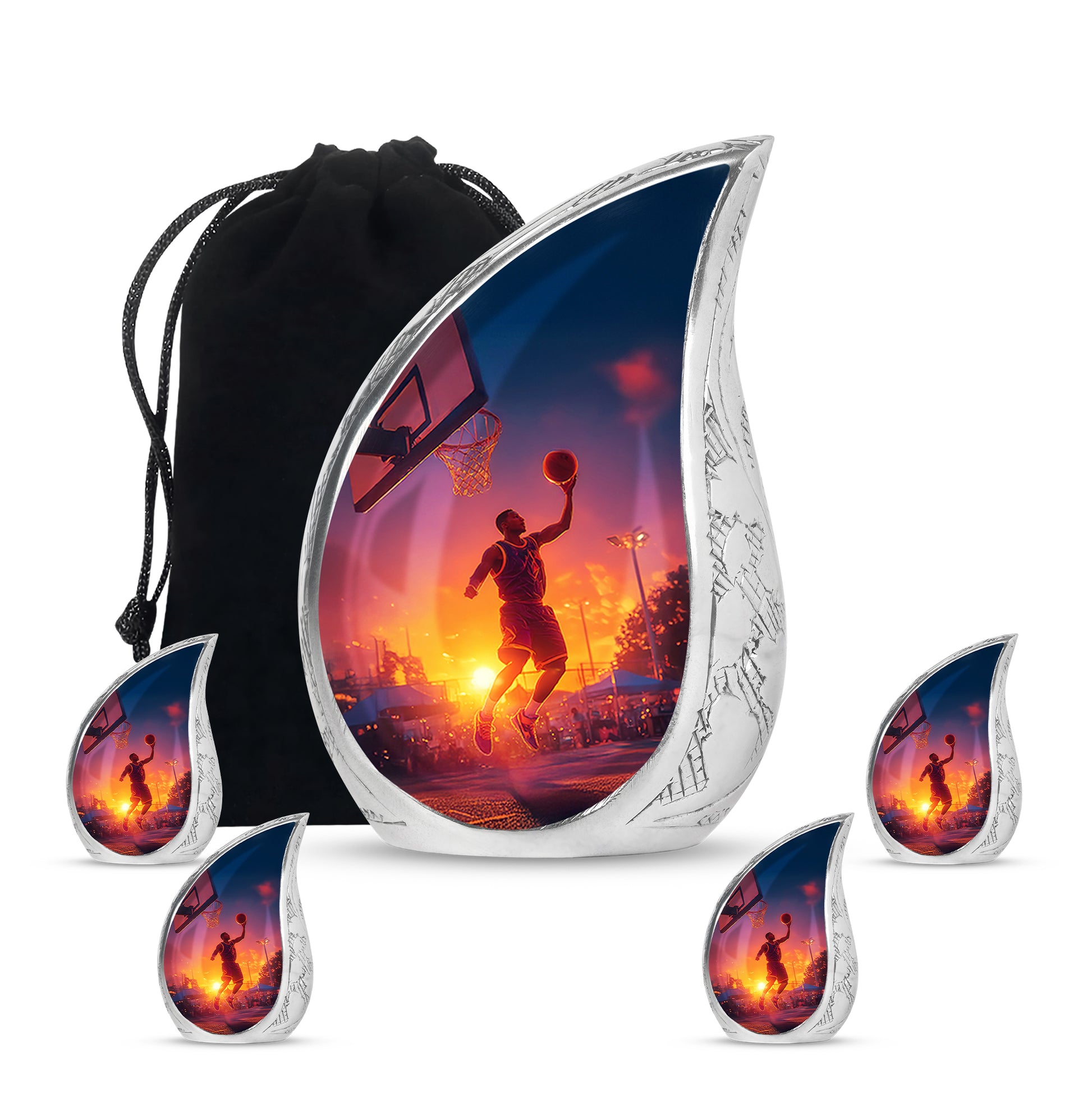 Bright Blue Basketball Cremation Urn side profile showing urn shape - graceful tear-shaped urn with basketball motif - memorial set with one large and four small urns
