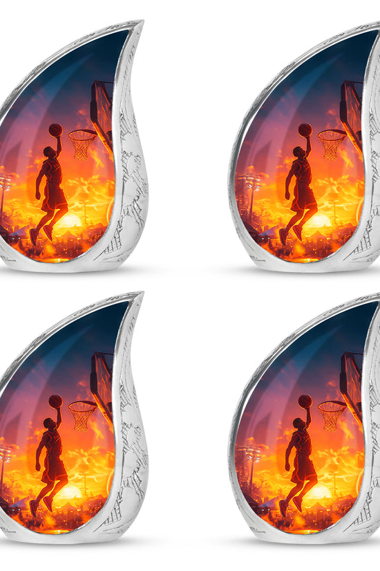 Slate Blue Basketball Cremation Urn close-up of engraving and surface detail - flowing teardrop basketball silhouette on curved aluminum - 10 inch aluminum urn for cremated remains