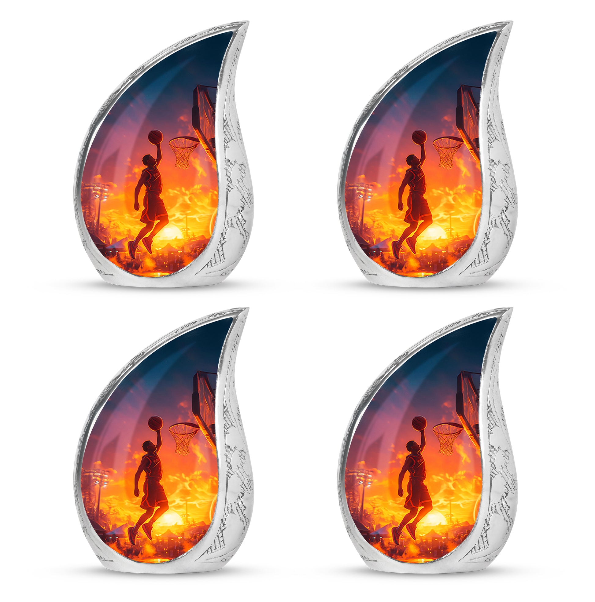 Slate Blue Basketball Cremation Urn close-up of engraving and surface detail - flowing teardrop basketball silhouette on curved aluminum - 10 inch aluminum urn for cremated remains