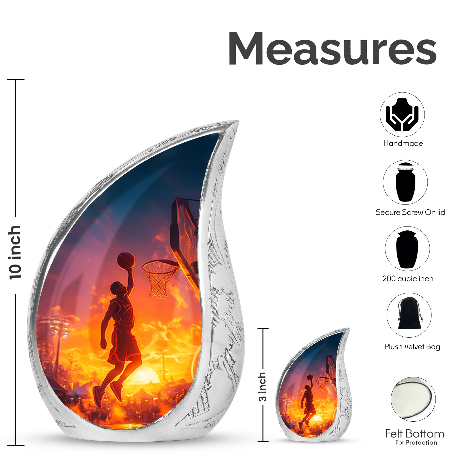 Misty Blue Basketball Cremation Urn angled view of lid and engraved motif - rounded teardrop basketball design with delicate detail - mini keepsake memorial for portion of cremation ashes