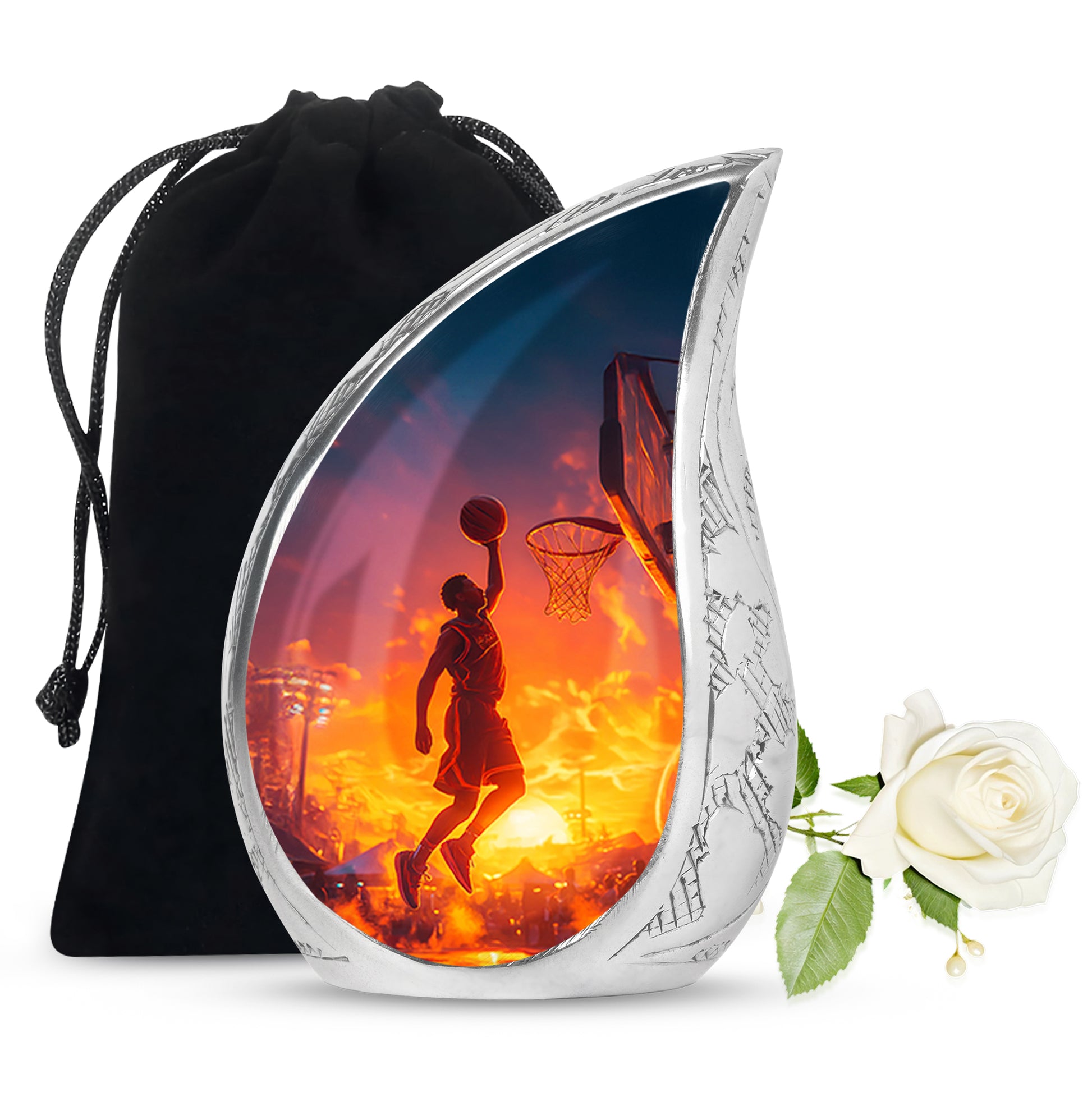 Azure Basketball Cremation Urn front view showing detailed design - flowing teardrop basketball silhouette on curved aluminum - full-size 10 inch 200 cubic inch adult cremation urn