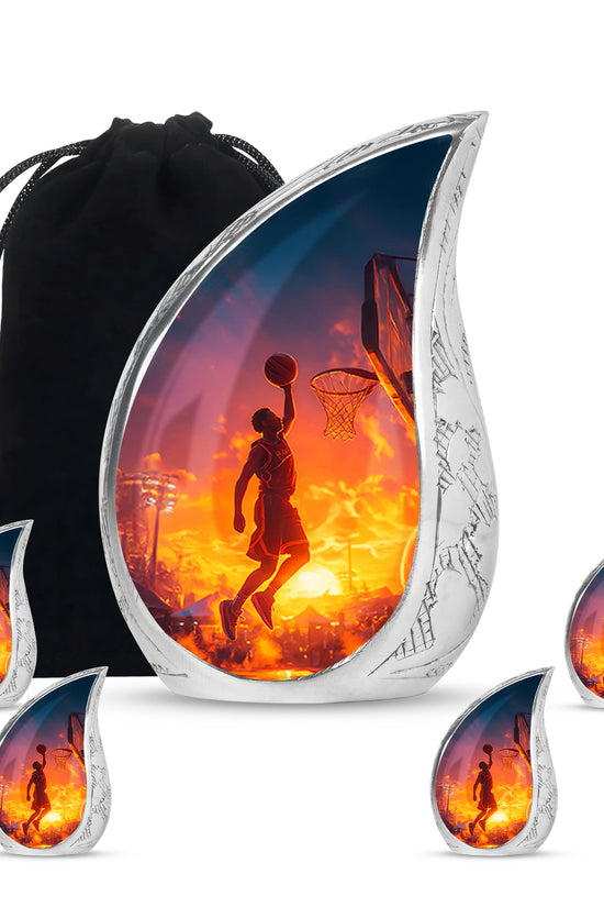 Steel Blue Basketball Cremation Urn side profile showing urn shape - smooth teardrop contour featuring basketball art - memorial set with one large and four small urns