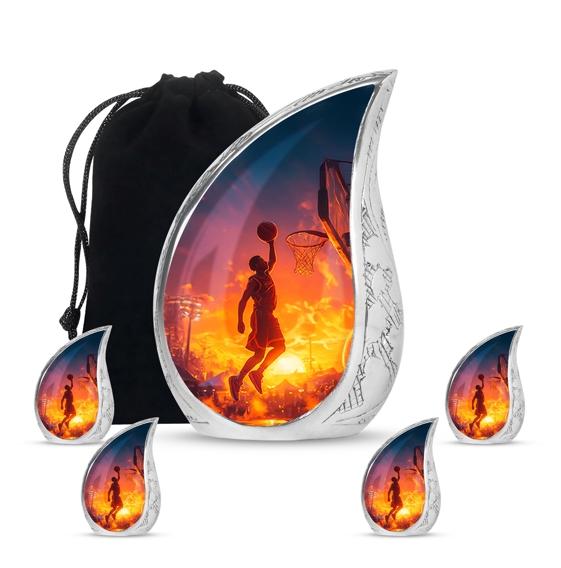 Steel Blue Basketball Cremation Urn side profile showing urn shape - smooth teardrop contour featuring basketball art - memorial set with one large and four small urns