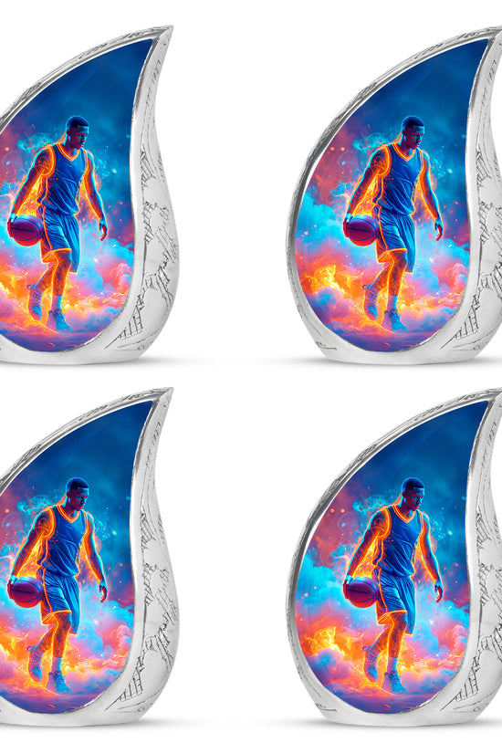 Sky Blue Basketball Cremation Urn close-up of engraving and surface detail - rounded teardrop basketball design with delicate detail - 10 inch aluminum urn for cremated remains