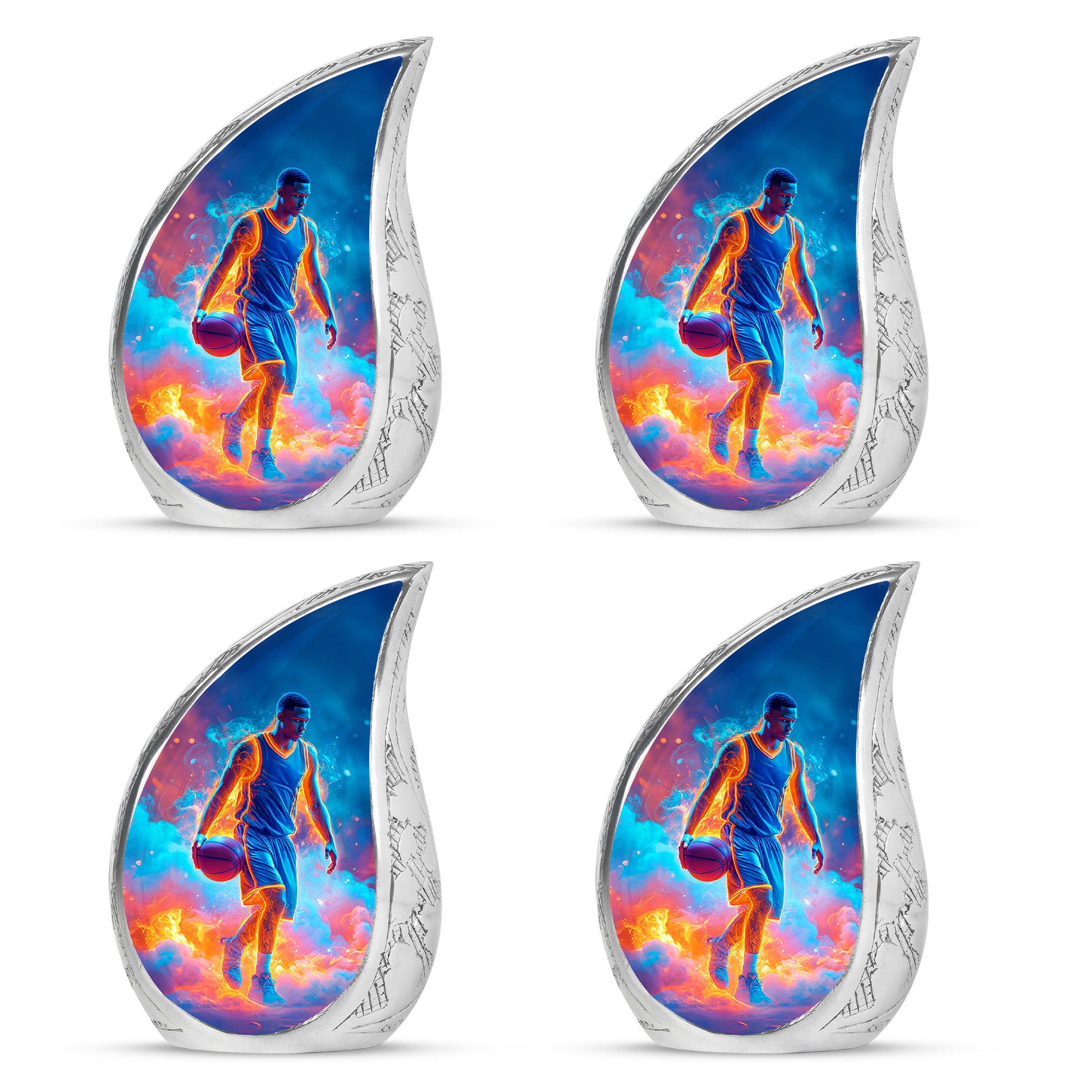 Sky Blue Basketball Cremation Urn close-up of engraving and surface detail - rounded teardrop basketball design with delicate detail - 10 inch aluminum urn for cremated remains
